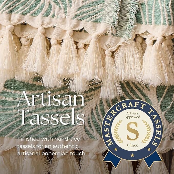 DOWN HOME Chenille Cotton Throw Blanket for Couch, Lightweight Boho Blanket for Bed Sofa Chair Living Room Outdoor Soft Woven Decorative Blanket with Tassel Gift Green Leaves 60"x80"