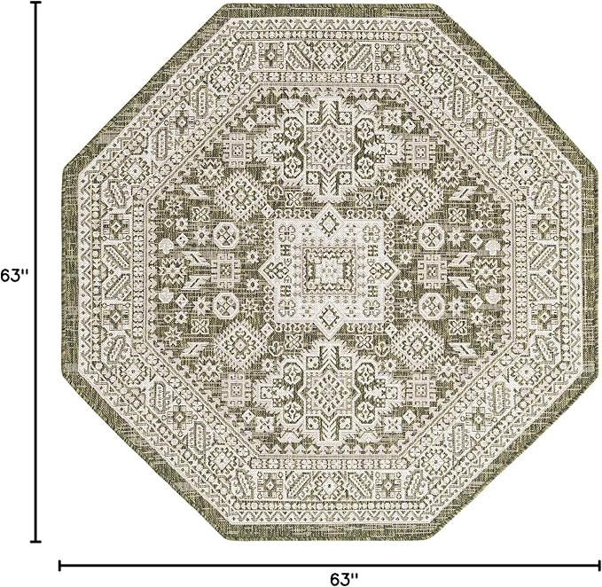 Rugs.com Outdoor Aztec Collection Rug – 5 Ft Octagon Green Flatweave Rug Perfect for Living Rooms, Kitchens, Entryways