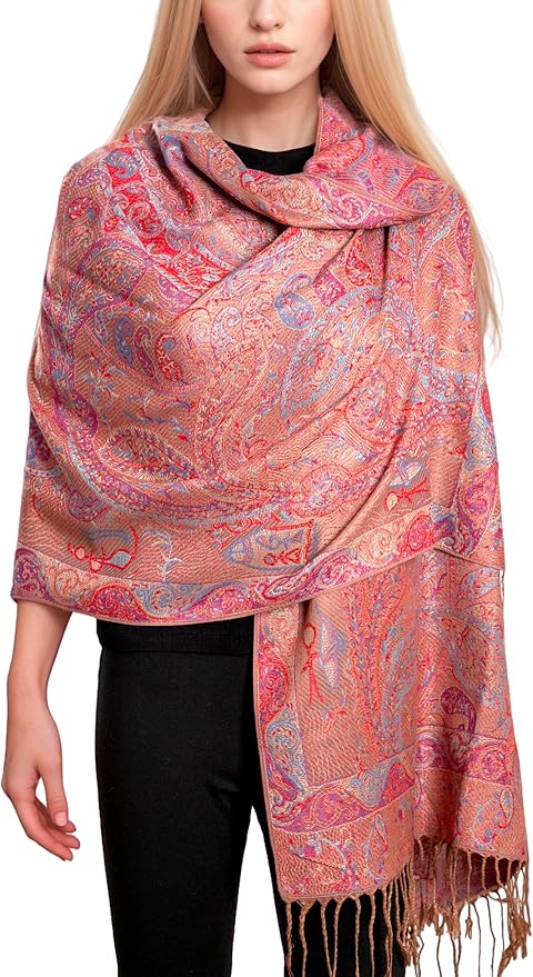 Achillea Reversible Paisley Pashmina Rave Scarf – Exotic Indian Shawls and Wraps for Evening Dresses, Festivals, All Seasons