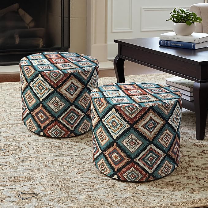 Pouf Ottoman Footrest Boho Embroidered Stuffed Round Pouf, 20" Tribal Geometric Accent Decor, Removable Cover & Firm Foam, Multifunctional, for Living Room Bedroom Vanity, Teal & Rust
