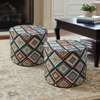 Pouf Ottoman Footrest Boho Embroidered Stuffed Round Pouf, 20" Tribal Geometric Accent Decor, Removable Cover & Firm Foam, Multifunctional, for Living Room Bedroom Vanity, Teal & Rust