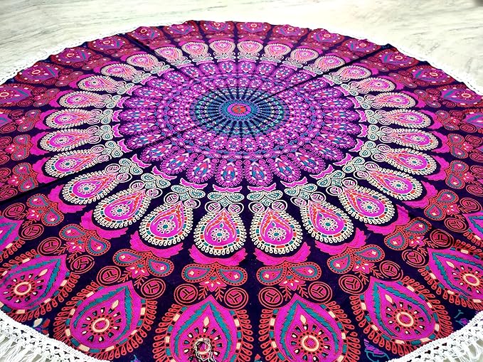 Round Beach Tapestry Turquoise Mandala Throw/Boho Hippie Beach Blanket Roundie/Indian Cotton Bohemian Large Round Table Cloth-Home Decor/Yoga Mat Meditation Picnic Rug (42", White And Pink)