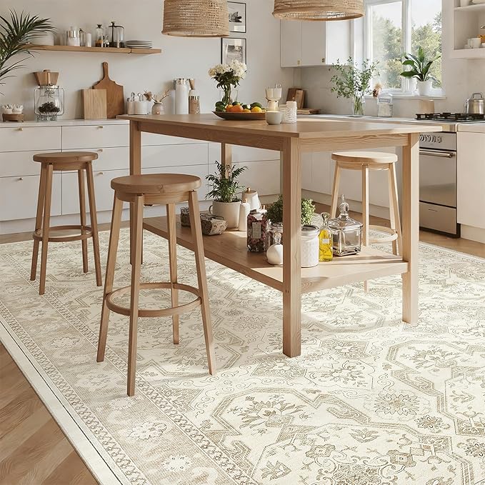 8x10 Area Rugs, Washable Rugs, Large Stain Resistant Beige Area Rug for Living Room Bedroom Dining Room, Vintage Farmhouse Rug