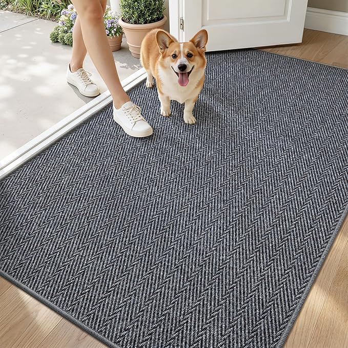 LUMI Ultra Thin Indoor Door Mat for Entrance 48"x72", Non Slip Entryway Mat, Low Profile Doormat, Unique Herringbone Design Carpet for Inside, Patio, Porch, Medium Gray