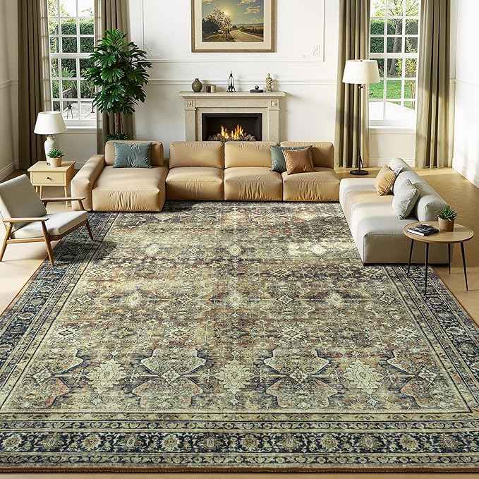 Lessymo Washable Area Rug for Living Room,8x10 Dark Brow Large Rugs with Non-Slip Backing,Soft Boho Carpets for Bedroom Dining Room Nursery Home Office