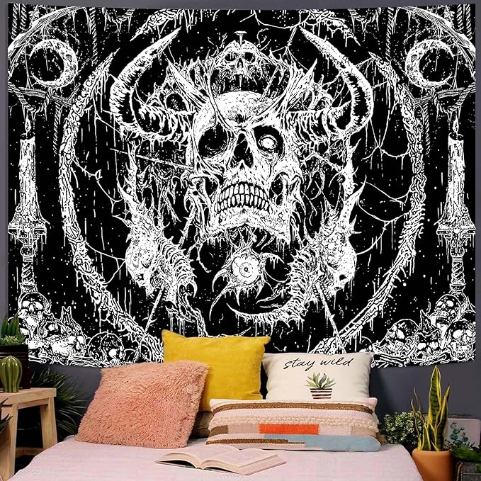 Lifeella Skull Tapestry, Gothic Horror Moon Skeleton Mystic Dark Tapestries for Bedroom Grunge Wall Hanging Black and White 44 x 60 inch