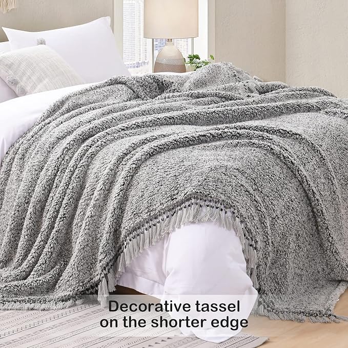 Ultra Soft Fleece Sherpa Blanket Queen Size,Lightweight Cozy Boho Bed Blanket with Decorative Tassel, Pattern Reversible, 2 Tones Ombre Black, 90”x90”