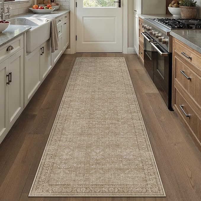 2x8 Light Brown Area Rug Runners for Hallways Washable Vintage Distressed Carpet Low Pile Non Slip Indoor Retro Soft Long Accent Rug Bedroom Kitchen Bathroom Laundry Dining Living Room
