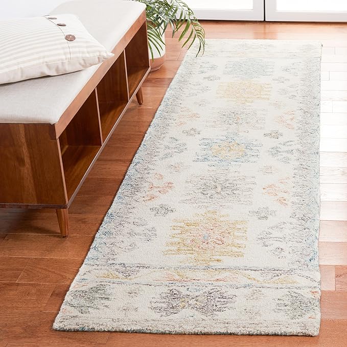 SAFAVIEH Micro-Loop Collection Runner Rug - 2'3" x 8', Ivory & Blue, Handmade Boho Rustic Wool, Ideal for High Traffic Areas in Living Room, Bedroom (MLP476M)