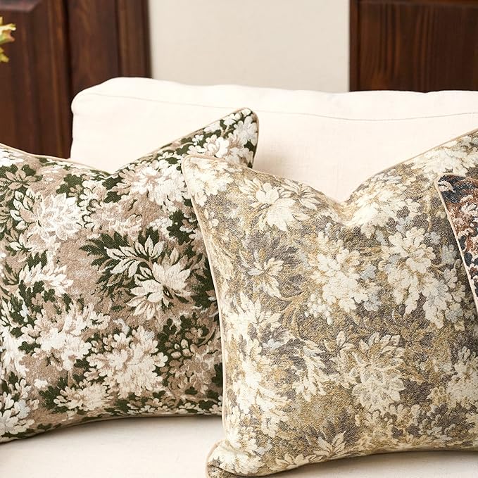 Yangest Neutral Floral Pillow Cover 20 x 20 Inches, Vintage Chenille Square Throw Pillow Cover Soft Decorative Farmhouse Accent Couch Pillow Cover for Living Room Bedroom, Beige