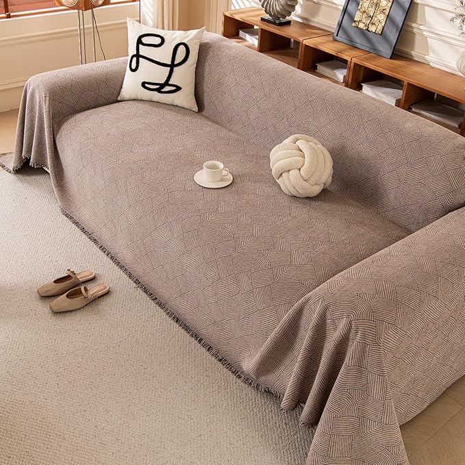 ROOMLIFE Brown Waterproof Sofa Cover, Boho Couch Cover for 3 Cushion Sofa, Non Slip Chenille Sofa Slipcovers for Dog, Washable Furniture Sofa Protector Cover with Tassel for Living Room, 71''X118”
