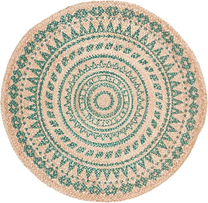 SAFAVIEH Natural Fiber Collection Area Rug - 3' Round, Teal & Natural, Handmade Boho Mandala Braided Jute, Ideal for High Traffic Areas in Living Room, Bedroom (NF802E)