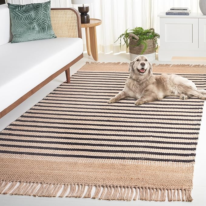 SAFAVIEH Natural Fiber Collection Area Rug - 5' x 8', Natural & Black, Rustic Farmhouse Boho Striped Style, Handmade Jute & Cotton, Ideal for The Living Room, Bedroom, Dining Room (NFB325Z-5)