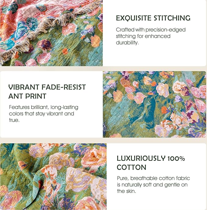 Boho Throw Blanket - 100% Cotton Throw Blankets for Bed Couch, 60"x80" Soft Muslin Lightweight Spring Throw Blanket, Cozy Floral Plant Printed Bohemain Bedding Decor Green Throw Quilt