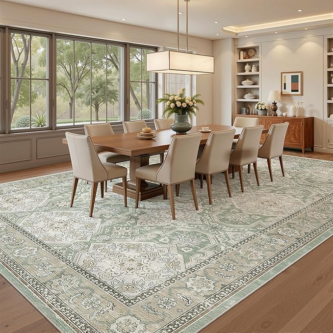 9x12 Area Rugs for Living Room, Non Slip Machine Washable Vintage Rugs, Low Pile Lightweight Large Rug for Bedroom, Dining Room, Home Office Green/Brown