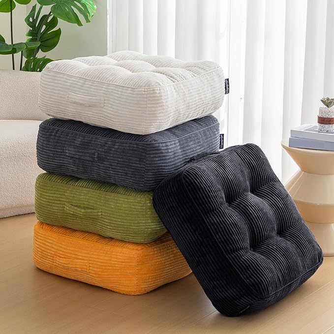 HIGOGOGO 8" Extra Thick Floor Pillow Cushion for Adults, Meditation Cushion Pillow, Large Square Floor Sitting, Tufted Corduroy Cover, for Tatami Living Room or Yoga, 22x22 Inch, 2Pack, Black