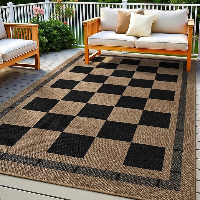 Vasofe 3x5 Plaid Rug, Jute Rugs, Washable Outdoor Indoor Checkered Carpets, Entryway Bedroom Potio Porch Kitchen Carpet, Non Slip Farmhouse Neutral Office Laundry Floor Mat, Black and Brown