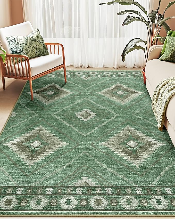 Area Rug 9x12 Rug Machine Washable Non-Slip Low Pile Print Pattern Western for Living Room Bedroom Sage