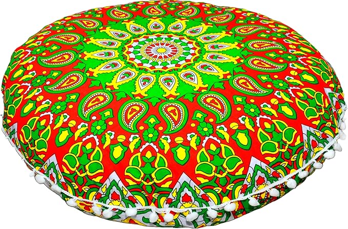 Large Round seat Floor Cushion Chair Ottoman Cover Pouf Pillow Meditation Floor Cushions for Adults Seating pouffe Ottoman Throw Covers Craft Room Furniture for Sitting Cover 22 Inches (Green Red)