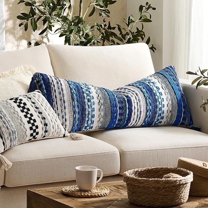 Kevin Textile Spring 12x24 Inch Lumbar Throw Pillow Cover 1 Pack Boho Decorative Soft Chenille Thread Woven Tufted Textured Rectangle Cushion Case Accent for Living Room Couch Sofa Bed, Blue