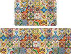 Boho Kitchen Rugs Set 2 Memory Foam Colorful Ceramic Comfort Tile Floor Mat Anti Fatigue Non-Skid PVC Runner Rug Water & Oil Proof Carpet for Kitchen Laundry Sink,17.3x28+17.3x47 Inch, C2