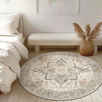 GENIMO 7FT Round Area Rugs for Living Room, Circle Rugs Machine Washable Low Pile, Chenille Non Slip Vintage Rug for Bedroom, Dining Room, Home Office, Light Taupe Brown