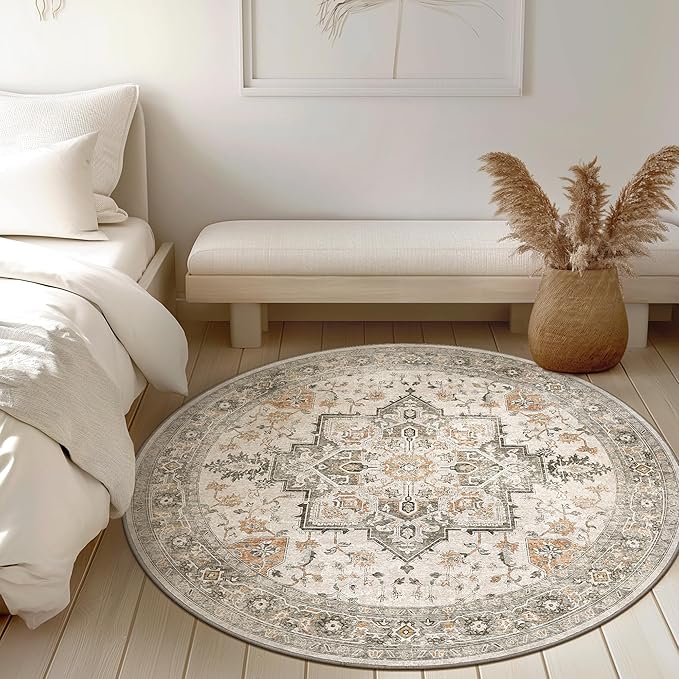 GENIMO 7FT Round Area Rugs for Living Room, Circle Rugs Machine Washable Low Pile, Chenille Non Slip Vintage Rug for Bedroom, Dining Room, Home Office, Light Taupe Brown