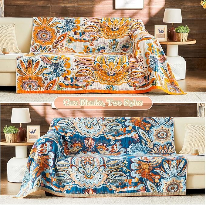 Boho Blanket Soft Muslin Boho Throw Blanket 100% Cotton Blanket All Seasons Reversible Rustic Floral Printed Vintage Rustic Farmhouse Decor Throw for Sofa Couch Chair (Yellow, 80"x90")