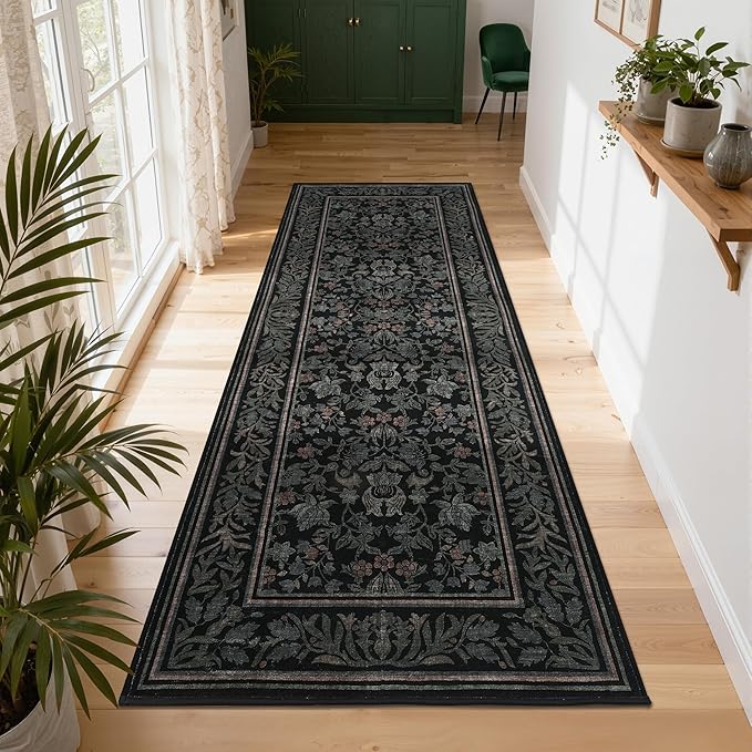 GarveeHome Runner Rugs 2x6 Kitchen Runner Rug Non Slip Washable Runners for Hallways, Boho Vintage Rugs with Rubber Backing Low-Pile Indoor Carpet for Entryway Bedroom Black