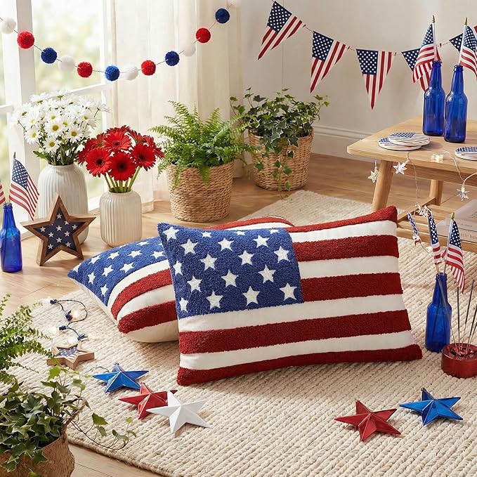 AVOIN colorlife 4th of July Patriotic Striped Star Flag Embroidered Throw Pillow Cover, 12 x 20 Inch Independence Day Decor Tufted Patterned Linen Cushion Case for Sofa Couch