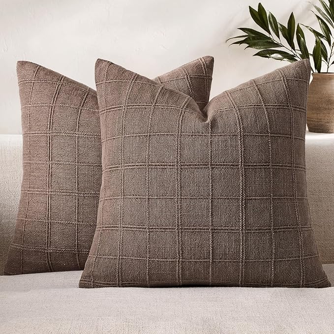 Woaboy Linen Check Throw Pillow Covers Brown Farmhouse Modern Boho Vintage 22x22 Inch Set of 2 Decorative Cushion Covers for Sofa Couch Bedroom Living Room Home Decor