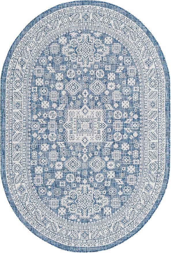 Rugs.com Outdoor Aztec Collection Rug – 5' x 8' Oval Blue Flatweave Rug Perfect for Living Rooms, Large Dining Rooms, Open Floorplans