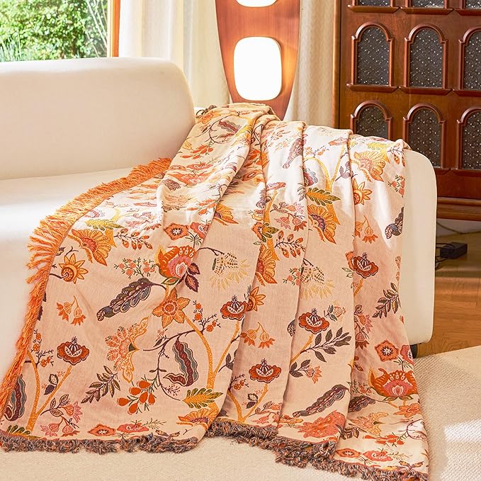 Boho Throw Blanket 80" x 90", 100% Organic Cotton Breathable Skin-Friendly Ultra Soft Bed Quilt Throw - Floral Rustic Decor Luxury Reversible Blanket for Sofa Couch Chair and Gift,
