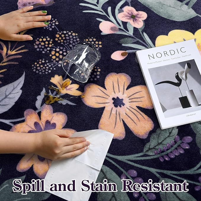 Lahome Floral Washable Rugs for Living Room, 5x7 Area Rugs Ultra-Thin Soft Rug, Non-Slip Bedroom Rug Stain Resistant Boho Low-Pile Throw Carpet for ‎Dining Room Office Flore (5x7ft,Purple)