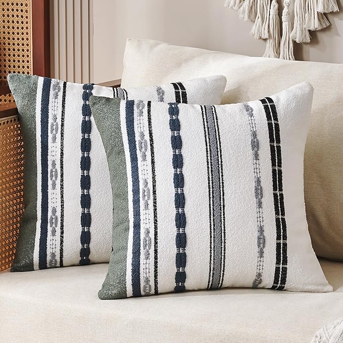 Boho Throw Pillow Covers 18 x 18 Chenille Pillow Covers Striped Square Elegant Neutral Striped Pillowcase Double Sided Pattern Soft Plush Farmhouse Home Decor for Living Room Couch Pack of 2