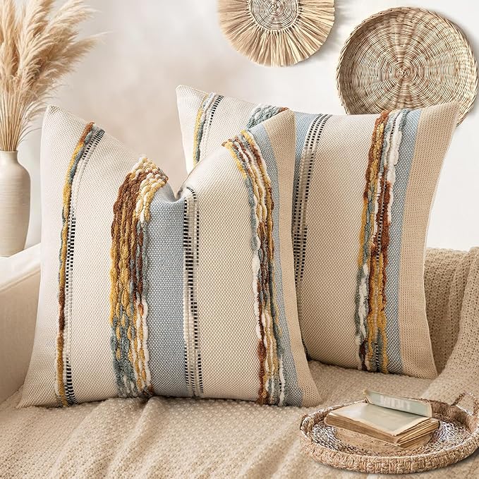 ANRODUO Pack of 2 Boho Decorative Throw Pillow Covers 26x26 Farmhouse Cushion Case Striped Chenille Pillow Cases Square Pillow Covers Accent Neutral Pillowcase for Sofa Couch Bed, Blue-Earth Tones