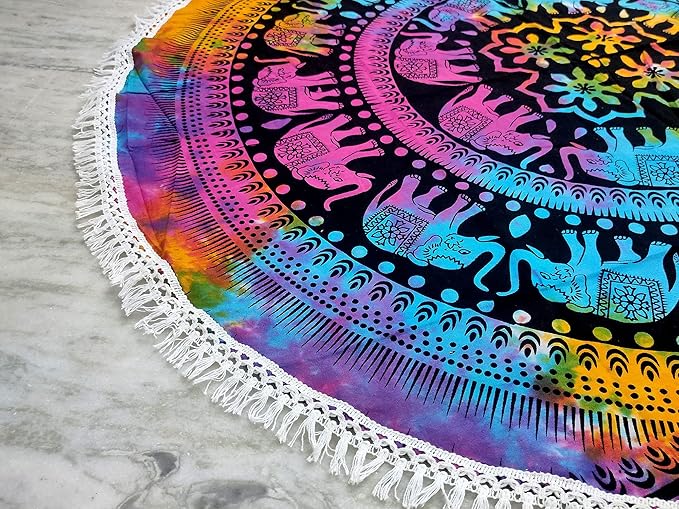Round Beach Tapestry Turquoise Mandala Throw/Boho Hippie Beach Blanket Roundie/Indian Cotton Bohemian Large Round Table Cloth-Home Decor/Yoga Mat Meditation Picnic Rug (42", Multi Color)