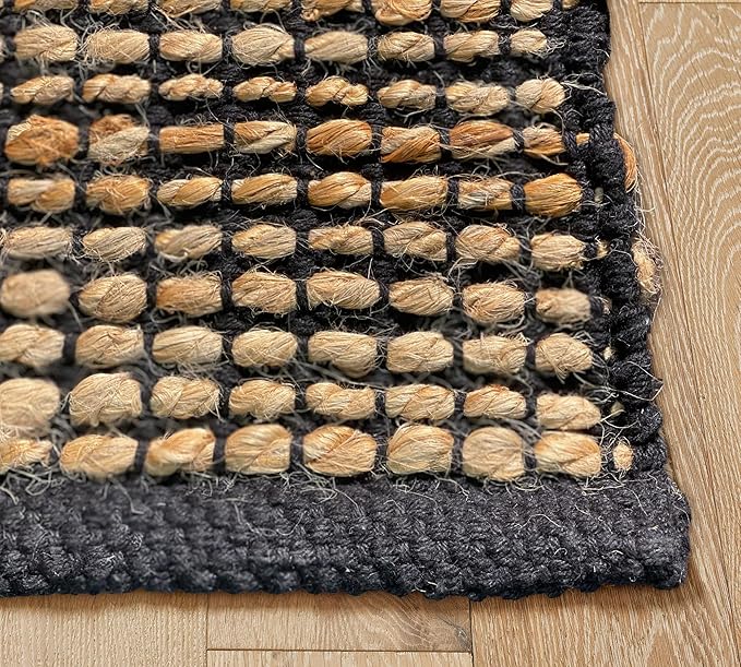 Chardin home 8x10 Jute Cotton Handwoven Area Rug | Braided Boho Farmhouse Rug in Natural Jute/Black | Rustic Vintage Floor Covering for Living Room, Bedroom, Kitchen, and Entryway