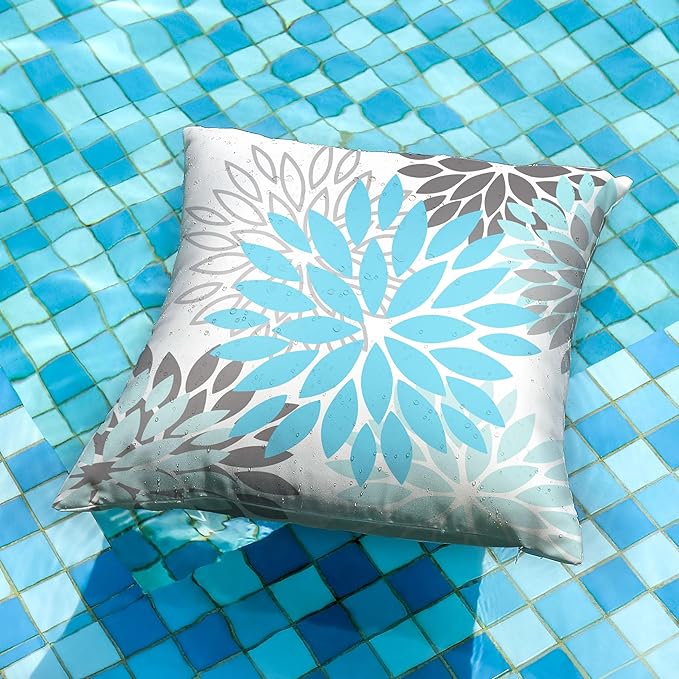 DFXSZ Sky Blue Flower Pillow Covers 18x18 Inch Set of 2 White Gray Colored Throw Pillows Outdoor Waterproof Decor for Living Room Sofa Patio Funiture Garden Floral Polyester Pillow Covers 002M18