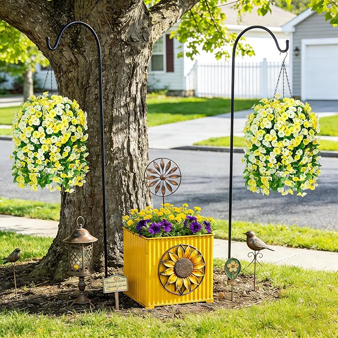 Artificial Flowers with Hanging Basket, Outdoor Faux Plants Silk Morning Glory Vines, Fake Green Arrangement for Garden Patio Spring Summer Decor(Yellow White)