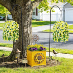 Artificial Flowers with Hanging Basket, Outdoor Faux Plants Silk Morning Glory Vines, Fake Green Arrangement for Garden Patio Spring Summer Decor(Yellow White)
