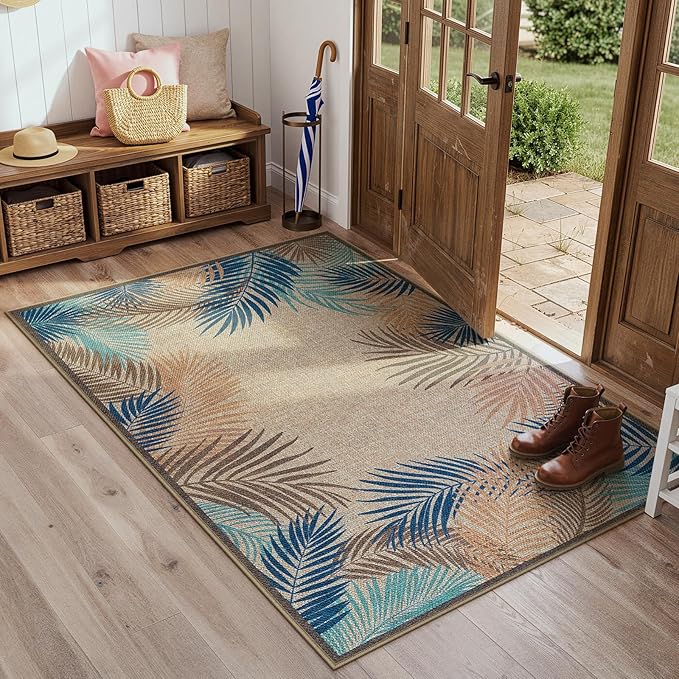 LIVEBOX Modern 3x5 Jute Outdoor Patio Rug, Washable Rugs for Entryway Porch, Tropical Leaf Boho Farmhouse Carpet, Non Slip Front Door Mat for Outdoor Indoor Entryway Guestroom Decor (Olive 3'x5')