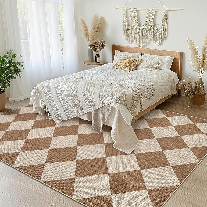 GarveeHome Checkered Easy Jute 3x5 Entryway Rug Machine Washable Outdoor Patio Rug Non-Slip Backing Checkerboard Brown Indoor Outdoor Carpet for Hallway Bathroom Kitchen Bedroom