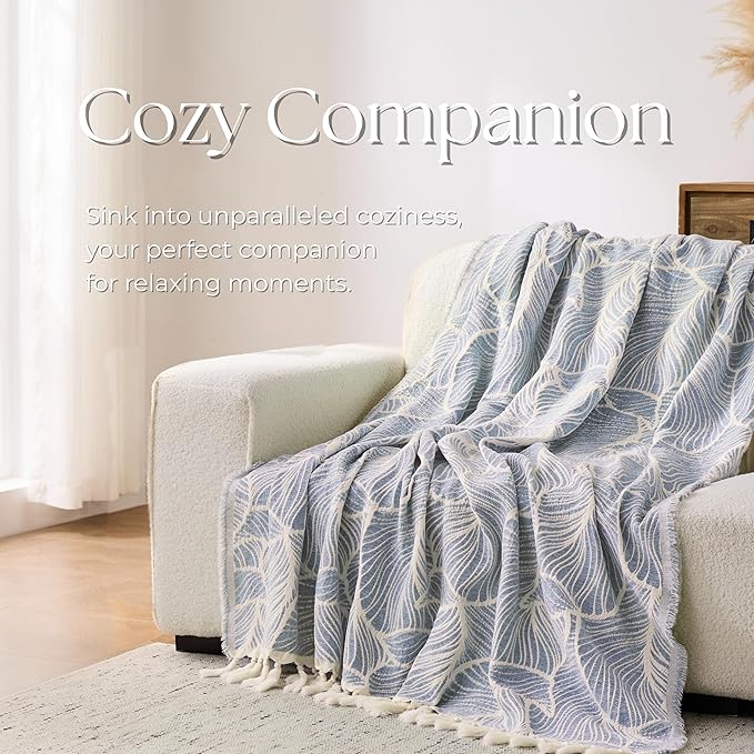 DOWN HOME Chenille Cotton Throw Blanket for Couch, Lightweight Boho Blanket for Bed Sofa Chair Living Room Outdoor Soft Woven Decorative Blanket with Tassel Gift Blue Leaves 60"x80"