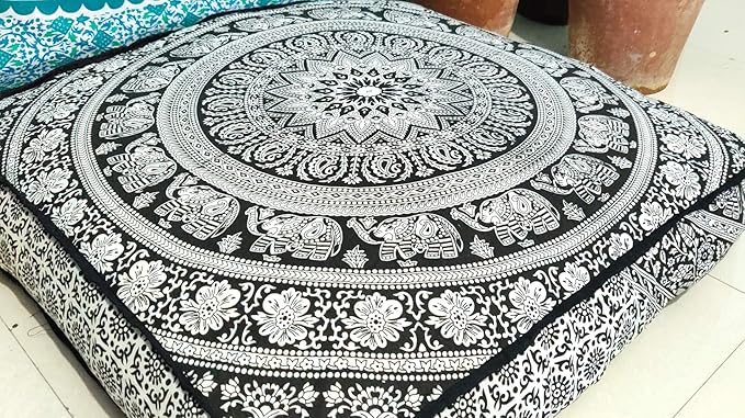 Black White Elephant Flower Mandala Mandala Barmeri Large Floor Pillow Cover Cushion Meditation Seating Ottoman Throw Cover Hippie Decorative Zipped Bohemian Pouf Ottoman Cases 24 " square