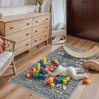 Washable 3x5 Entryway Area Rugs: Ultra Soft Low Pile Carpet for Kitchen Nursery Indoor Light-Weight Doormat Anti-Slip Thin Entry Rug for Living Room Bedroom Small Vintage Floor Mat(3x5,Floral/Blue)