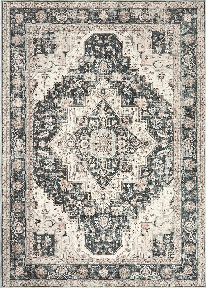 Washable Area Rugs 5x7, Ultra-Thin Rugs for Living Room, Bedroom, Dining Room, Stain Resistant Anti Slip Backing Area Rug, Super-Soft Floral Vintage Home Decor Rug (Black/Beige, 5'x7')