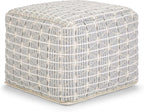 SIMPLIHOME Noreen Square Pouf - 18 inch Wide Upholstered Handwoven Cotton Ottoman in Light Blue and White, Boho Footstool or Extra Seating for Living Room with Polystyrene Filling, Assembled