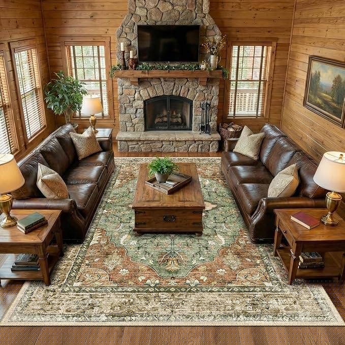 Area Rugs 9'x12' Washable Non-Slip, Floral Vintage Distress Print Pattern Medallion Carpet for Living Room Bedroom Dining Room, Brick Red Rust Neutral Brown Burnt Orange Green