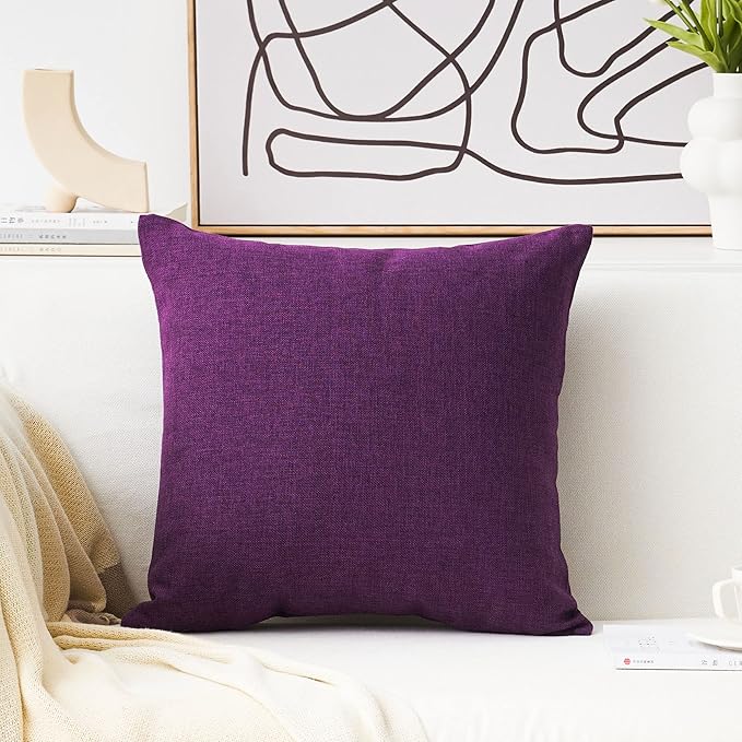 Home Brilliant Purple Pillow Covers Burlap Solid Linen European Throw Pillow for Bench Sofa Bed, 20x20(50x50cm)